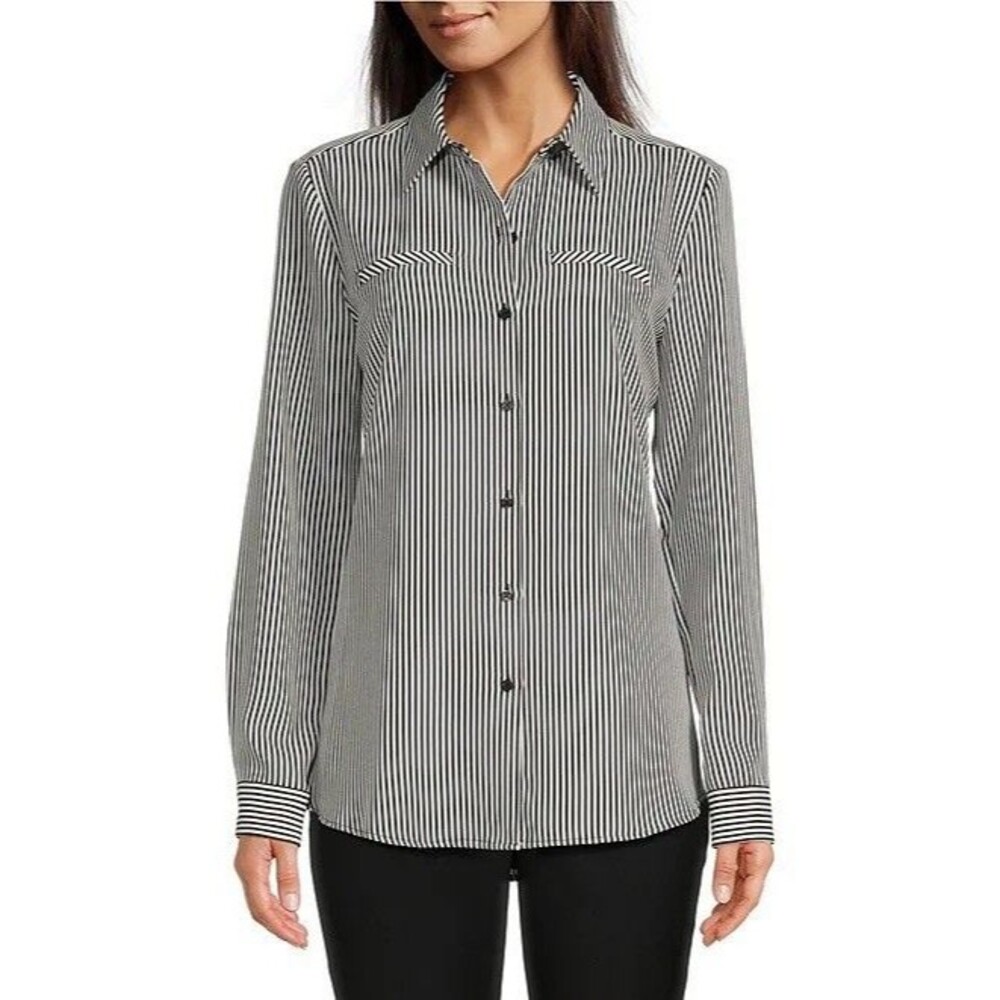 Alex Marie Women’s Black White Stripes Button Down Shirt Size XL Polyester